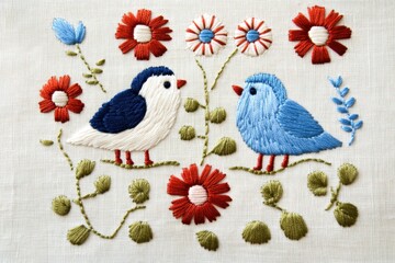 Colorful Bird Embroidery with Flowers Showcasing Detailed Needlework.