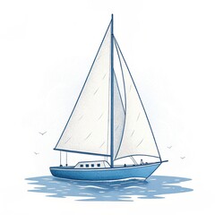 Fototapeta premium Sailboat sailing on water with gentle waves and birds in the background.