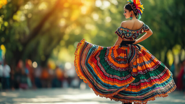 Fototapeta mexican young woman in national dress with full skirt and flowers in hair dances on blurred background of festive street of mexico city, day of the dead, cinco de mayo