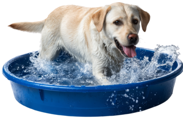 Playful labrador dog enjoying a splash in backyard water pool fun pet activity summer vibes outdoor environment joyful scene