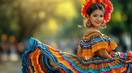 mexican young woman in national dress with full skirt and flowers in hair dances on blurred background of festive street of mexico city, day of the dead, cinco de mayo