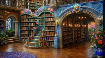 Enchanting fantastical library with boundless book collections and exquisite architecture for bookworms and literary enthusiasts delighting
