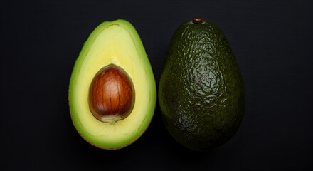 Fresh Avocado Slice And Whole On Black Background Isolated Close Up