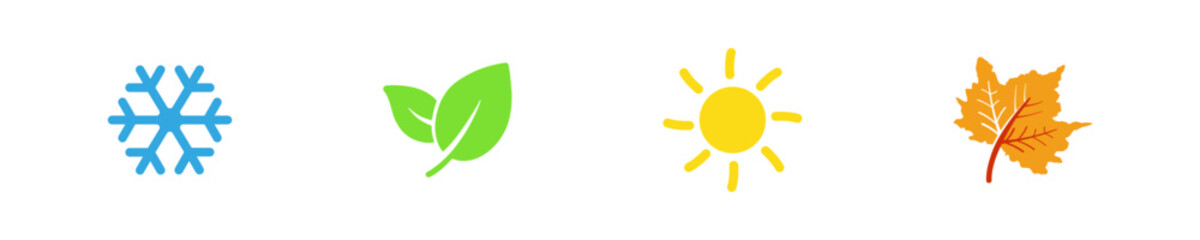 Seasons icon set. Weather graphic sign in vector design style. Winter, spring, summer, autumn pictogram. Snow, sun, leaf