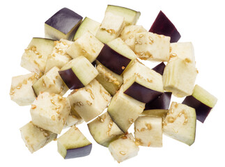 Fresh purple aubergine or eggplant cubes isolated on white background. File contains clipping path.