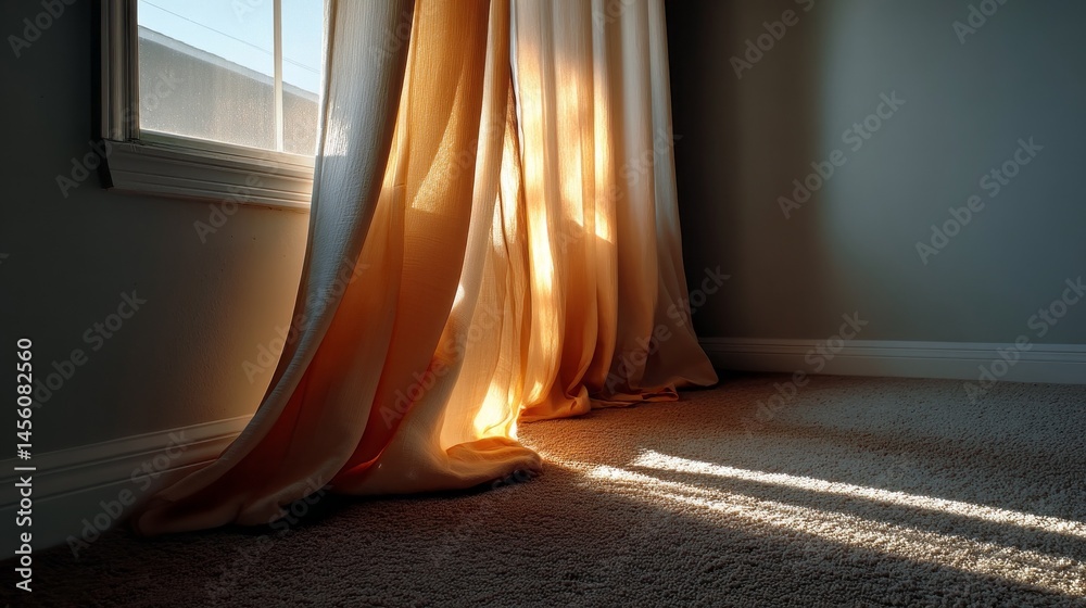 Poster soft daylight streams through delicate curtains, casting gentle shadows on the carpeted floor. this 