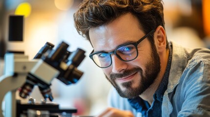 Focused scientist examining a microscope in a modern lab.