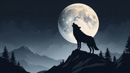 Wolf Howling at the Full Moon