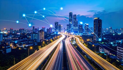 Futuristic city skyline with light trails and networking connections