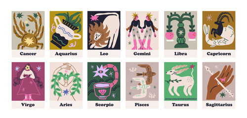 Zodiac signs, astrology cards set. Astrological symbols, esoteric horoscope deck with Cancer, Aries, Leo, Scorpio and Sagittarius in modern trendy cute design style. Flat vector illustrations