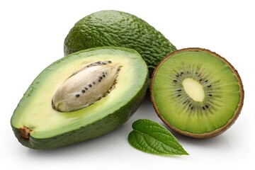 Ripe Avocado and Sliced Kiwi Fruit with Vibrant Green Flesh and Green Leaves on White Background

