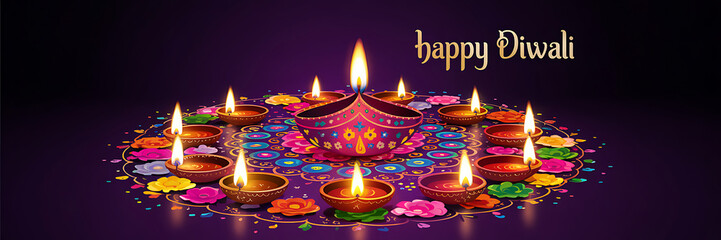 Vibrant Diwali Rangoli Arrangement Illuminated Decorative Diyas Colorful Floral Centerpiece Deep Purple Background Symbolizing Prosperity Festive Joy Perfect Holiday Greeting Cards Celebratory Designs