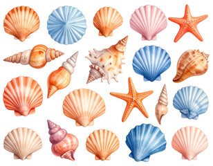 Obraz premium Vibrant Watercolor Seashells and Starfish Collection