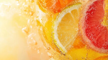 Refreshing citrus fruit slices in sparkling water bubbles summer red lime food fizz cool lemon drink