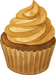 A watercolor-style illustration of a cupcake with a swirl of smooth frosting, featuring a golden cupcake base, perfect for a sweet and simple treat