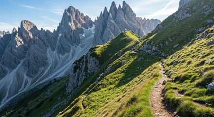 Obraz premium Majestic Mountain Landscape with Jagged Peaks and Lush Green Hillside in Dolomites during Clear Blue Sky