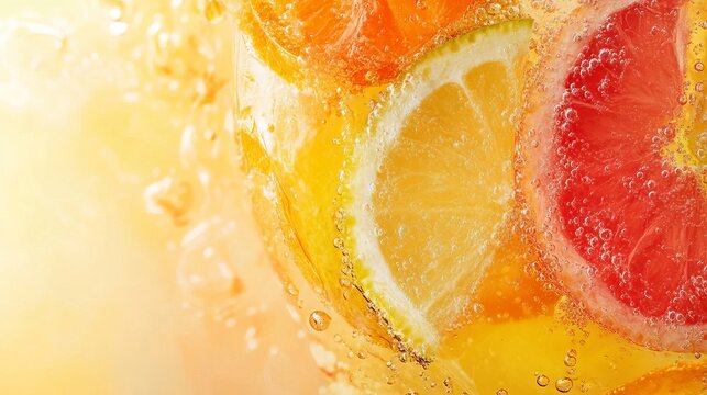 Refreshing citrus fruit slices in sparkling water bubbles summer red lime food fizz cool lemon drink