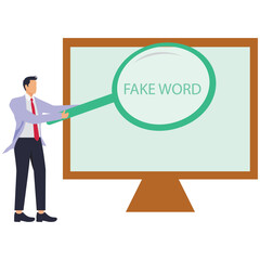 A businessman uses magnify to a laptop and sees the word fake, an illustration for fake news, hoax, illegal reports, misinformation