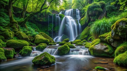 Waterfall in Dense Forest, Moss Covered Rocks, lush forest, secluded spot