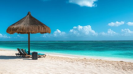 Idyllic Tropical Beach Azure Ocean, White Sand, Beach Chairs, and Thatched Umbrella on a Sunny Day