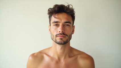 Skinimalism. Handsome serious man with curly hair against white wall p