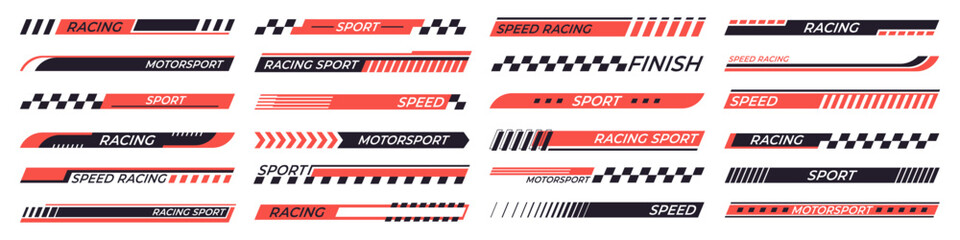 Racing stripes. Sport style stickers for moto auto truck boats. Different vehicle design vinyl elements. Race competition info stripes, racy vector set