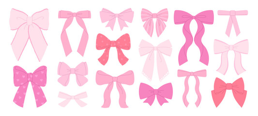 Pink bows. Hand drawn bow with ribbon. Decoration for gift, packagings, hairstyle, clothes. Birthday bowknot, girl accessories racy vector set