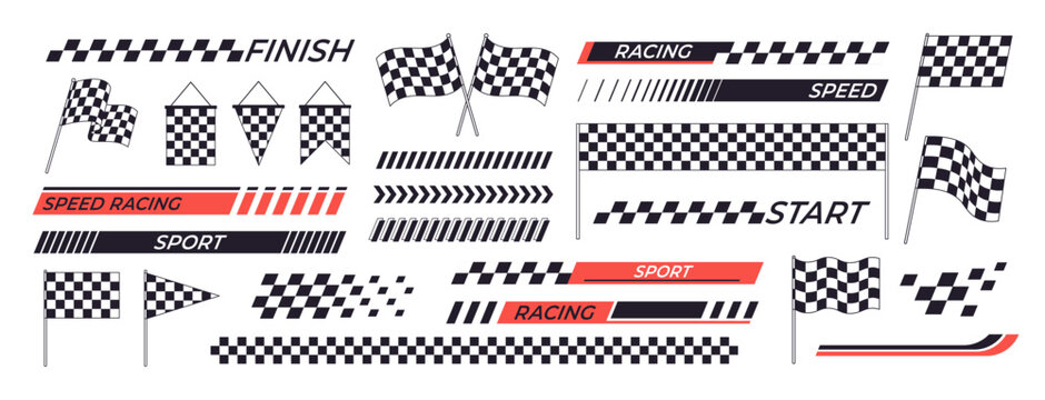 Racing graphic elements. Stripes, checkered flags for start and finish. Car race motosport motion competition logos and symbols, racy vector clipart