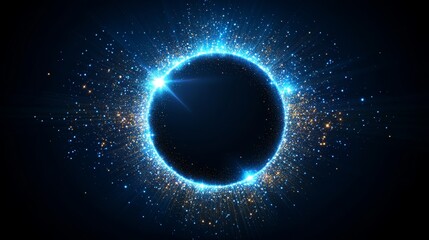 Glowing Blue Glitter Circle on Black Background, Light Sparkle and Frame of Grey Particles