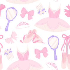 Ballet seamless pattern. Pink pointe shoes with ribbon, dress, bow, princess crown and hair pin. Fabric, wrapping print template, racy vector background © LadadikArt