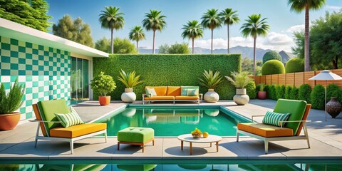 Retro-inspired poolside oasis with vibrant mid-century modern furniture amidst geometric patterns and lush greenery , furniture, palm springs