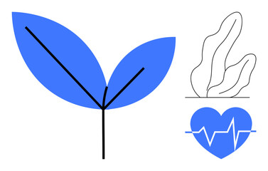 Naklejka premium Large blue leaf with thin stem, heartbeat inside heart icon, minimal abstract plant outline. Ideal for health, wellness, fitness, sustainability, nature, eco-friendly simple landing page
