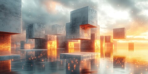 Fototapeta premium 3D Abstract Visualization of Floating Cubes and Mirrors