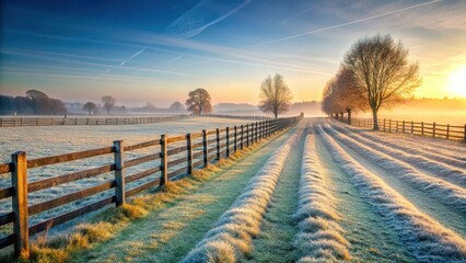 Fototapeta premium A serene early morning landscape with a vast empty field and rows of tall fences, covered in a layer of frost on the ground, creating a peaceful atmosphere , frost, serene
