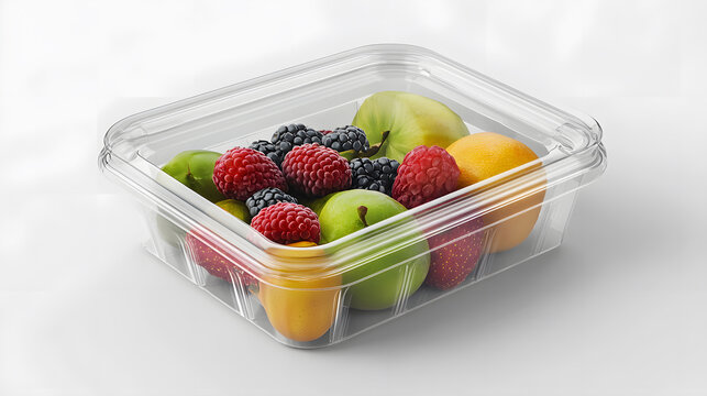 Clear plastic clamshell box contains variety of fresh fruits, including apples, berries, and apricots