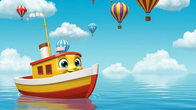 Cheerful cartoon boat floats on water with hot air balloons animation