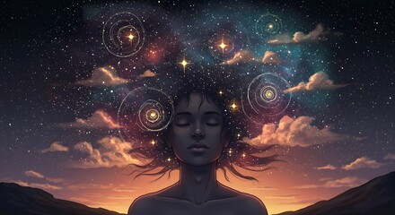 The cosmos within: A serene portrait of inner peace, depicting a person with a universe expanding from their mind, embodying introspection, imagination.