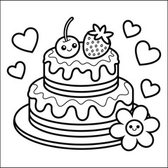 Adorable Two Tiered Cake Coloring Page with Hearts and Flowers