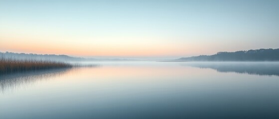 Fototapeta premium Still water reflects soft colors above horizon at dawn, evoking sense of peace and tranquility.