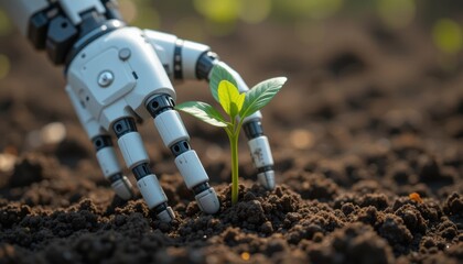 A robotic hand gently touches a young green plant sprouting from fertile soil, symbolizing technology and nature working together.
