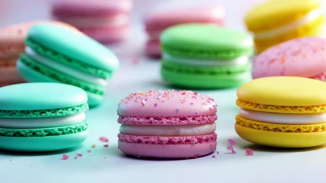 Colorful assorted macarons displayed on a light background highlighting pastel hues and diverse flavors in an artistic pattern symbolizing celebration and indulgence