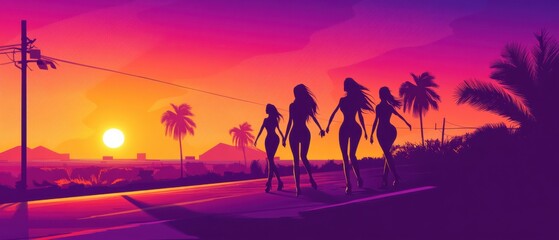 Fototapeta premium Silhouette of four women walking hand in hand on a road at sunset with palm trees in a vibrant purple and orange landscape Concept of friendship, vacation, and summer