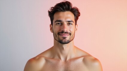Fototapeta premium Skin Microbiome. Handsome young man smiling shirtless with styled hair