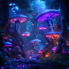 Enchanted Forest: a mystical scene with luminous mushrooms creating an ethereal wonderland with a touch of fantasy.