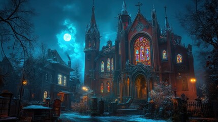 Fototapeta premium Gothic architecture under moonlight a captivating nocturnal scene showcasing stained glass and the historical charm of the church design