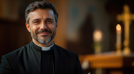 portrait of pastor in christian church giving sermon, catholic or baptist priest, catholicism, baptism, protestantism, religion, god, faith, religious minister, christianity, man in a temple
