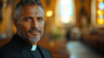 Obraz premium portrait of pastor in christian church giving sermon, catholic or baptist priest, catholicism, baptism, protestantism, religion, god, faith, religious minister, christianity, man in a temple