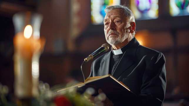 portrait of pastor in christian church giving sermon, catholic or baptist priest, catholicism, baptism, protestantism, religion, god, faith, religious minister, christianity, man in a temple