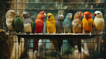 Fototapeta premium Diverse Feathers: Birds of Different Colors and Sizes Eating from a Tray in a Cage
