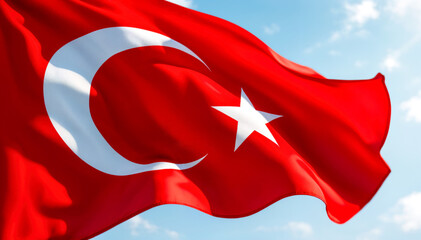 Obraz premium Realistic turkish flag waving in the wind with detailed crescent and star, bright red color, patriotic national symbol